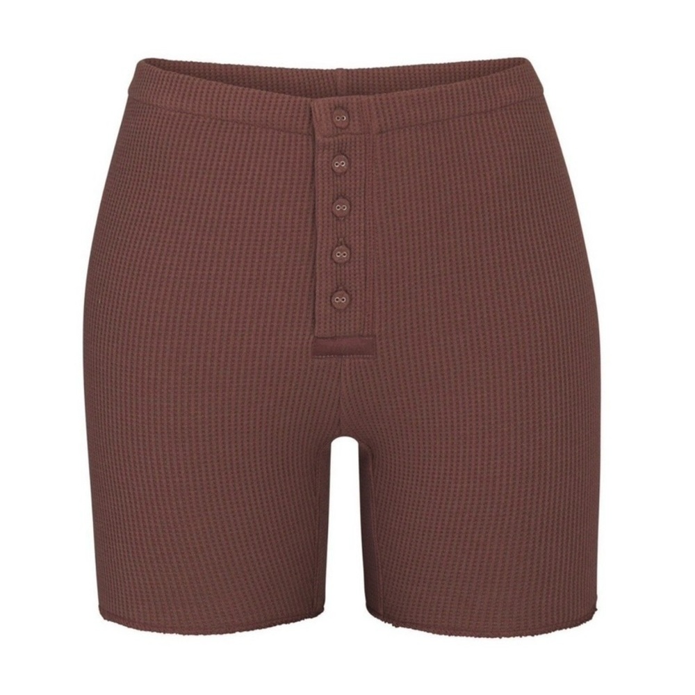 SKIMS Ribbed High-Rise Henley Short in Chocolate